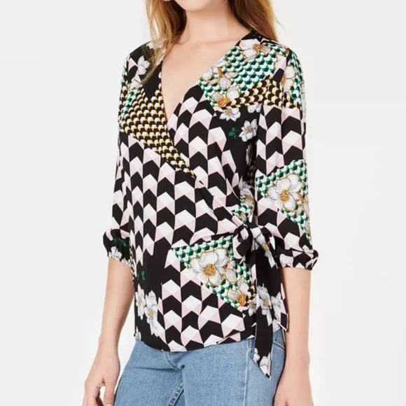 BAR III Mixed-Print Wrap Top Size S - Picture 1 of 3